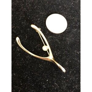 VINTAGE Gold Tone With Faux Pearl Wishbone Pin Brooch